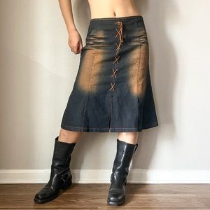 Y2K 90s Lace Up Denim Midi Skirt